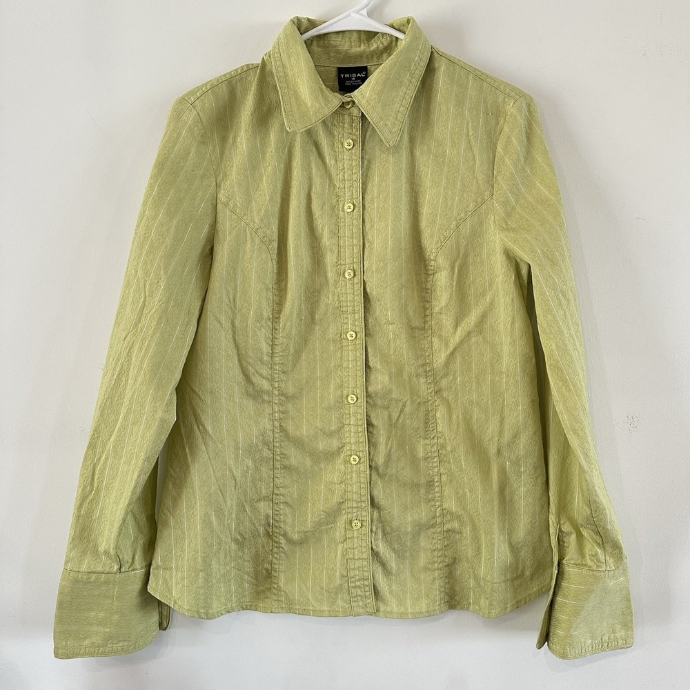 Womens Green Button-Up Textured Blouse Tribal Size 10 Western Cowgirl Rodeo